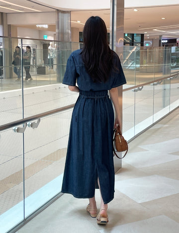 Inkaru denim collar shirt belt H-line skirt set